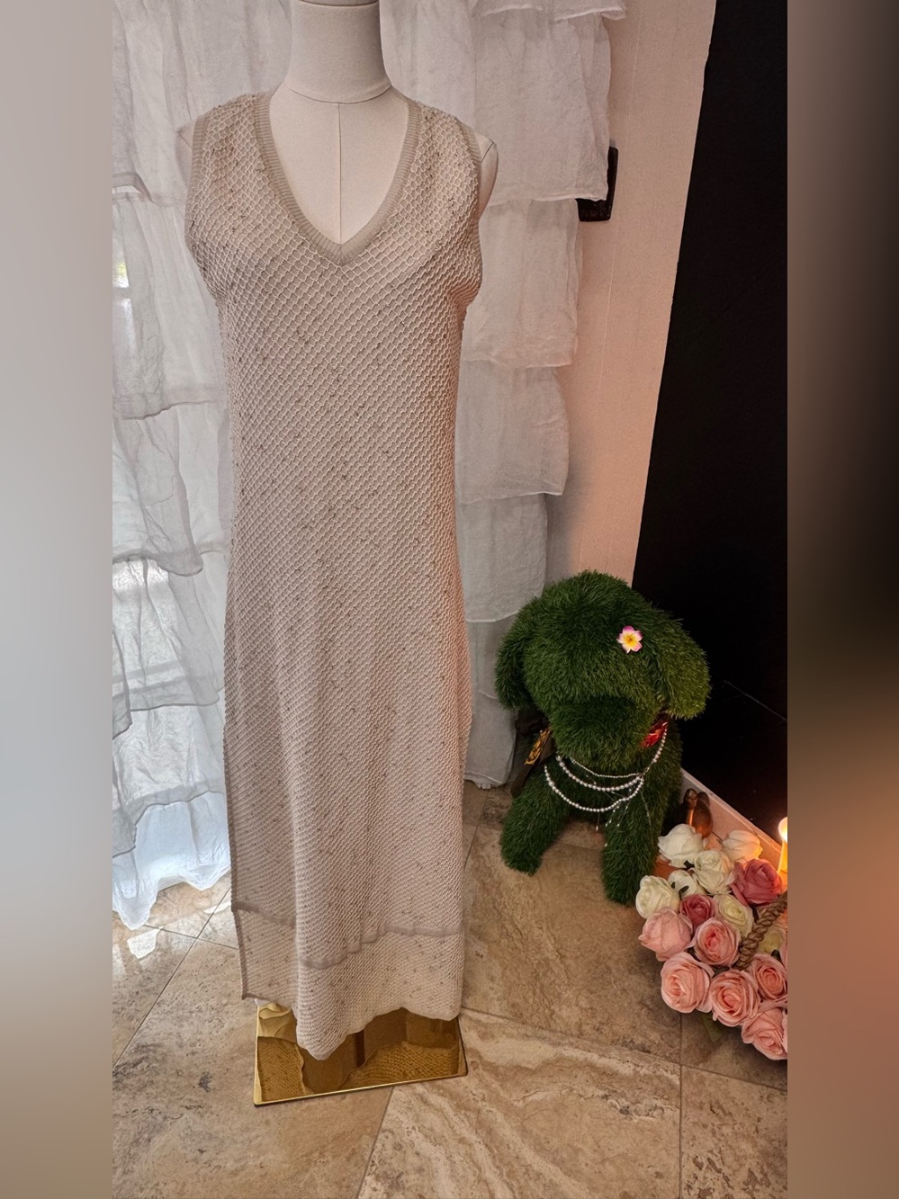 Tricot Chic Italy Metallic Knit Maxi Dress w/Slip Ivory Size 10 - Picture 3 of 16